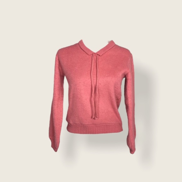 Vintage Sweaters - Vintage Wool Bright Pink Ribbon Tie Sweater S
